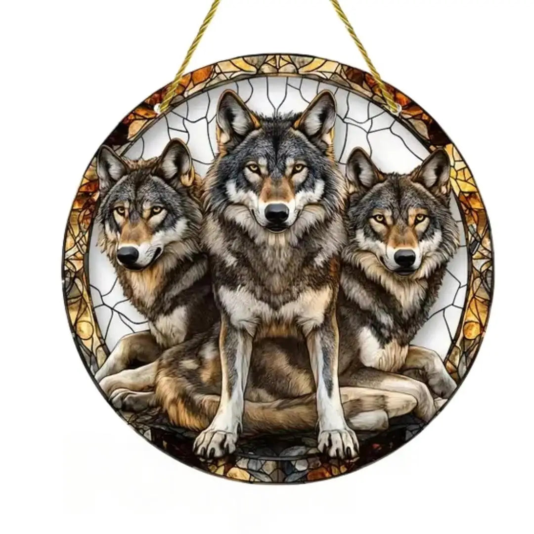 Snow Wolf Suncatcher, Round Acrylic Stained Glass Window Hanging for Office, Garden, Club, Man Cave and Spooky Home Decor