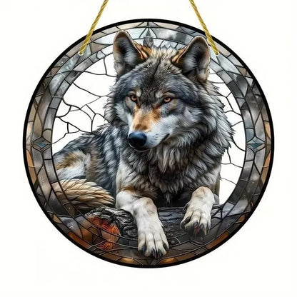 Snow Wolf Suncatcher, Round Acrylic Stained Glass Window Hanging for Office, Garden, Club, Man Cave and Spooky Home Decor