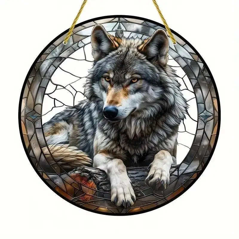 Snow Wolf Suncatcher, Round Acrylic Stained Glass Window Hanging for Office, Garden, Club, Man Cave and Spooky Home Decor