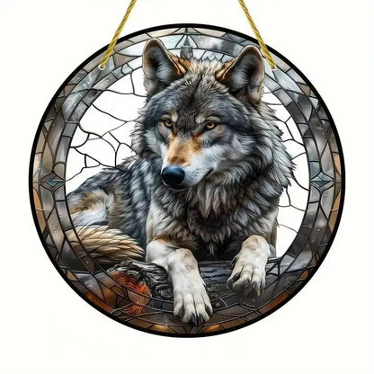 Snow Wolf Suncatcher, Round Acrylic Stained Glass Window Hanging for Office, Garden, Club, Man Cave and Spooky Home Decor