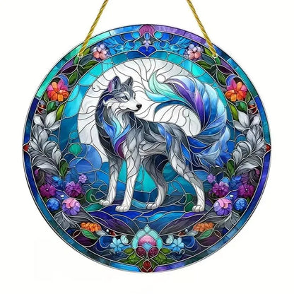 Snow Wolf Suncatcher, Round Acrylic Stained Glass Window Hanging for Office, Garden, Club, Man Cave and Spooky Home Decor