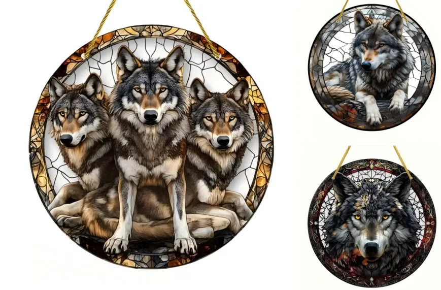 Snow Wolf Suncatcher, Round Acrylic Stained Glass Window Hanging for Office, Garden, Club, Man Cave and Spooky Home Decor