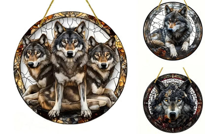 Snow Wolf Suncatcher, Round Acrylic Stained Glass Window Hanging for Office, Garden, Club, Man Cave and Spooky Home Decor