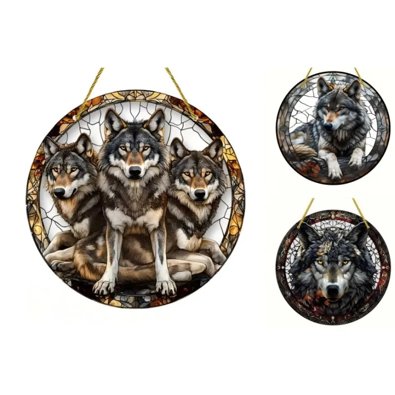 Snow Wolf Suncatcher, Round Acrylic Stained Glass Window Hanging for Office, Garden, Club, Man Cave and Spooky Home Decor
