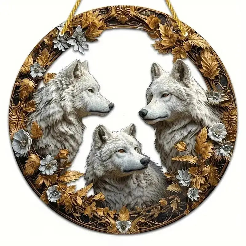 Snow Wolf Suncatcher, Round Acrylic Stained Glass Window Hanging for Office, Garden, Club, Man Cave and Spooky Home Decor