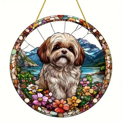 Snow Wolf Suncatcher, Round Acrylic Stained Glass Window Hanging for Office, Garden, Club, Man Cave and Spooky Home Decor
