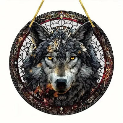 Snow Wolf Suncatcher, Round Acrylic Stained Glass Window Hanging for Office, Garden, Club, Man Cave and Spooky Home Decor