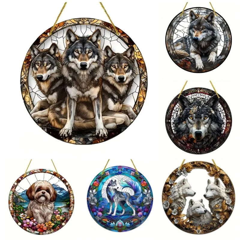 Snow Wolf Suncatcher, Round Acrylic Stained Glass Window Hanging for Office, Garden, Club, Man Cave and Spooky Home Decor