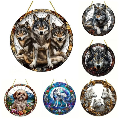 Snow Wolf Suncatcher, Round Acrylic Stained Glass Window Hanging for Office, Garden, Club, Man Cave and Spooky Home Decor